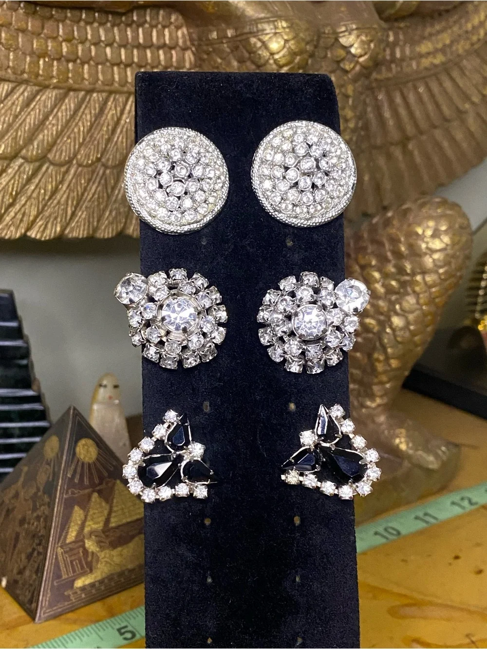 Vintage Cluster Stud Earring Trio - Clear and Black